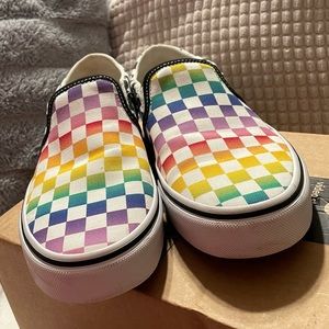 Gently used Vans Custom Rainbow Checkered Slip-Ons size 8.5